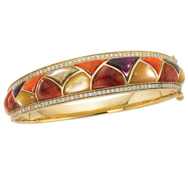 14K Yellow Gold Multi-Color Spiny Oyster, Diamond And Mother-Of-Pearl Bracelet