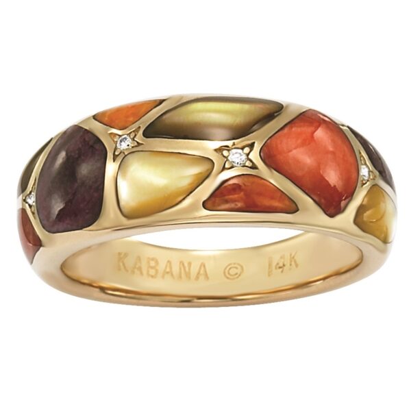 14K Yellow Gold Multi-Color Spiny Oyster, Diamond And Mother-Of-Pearl Ring