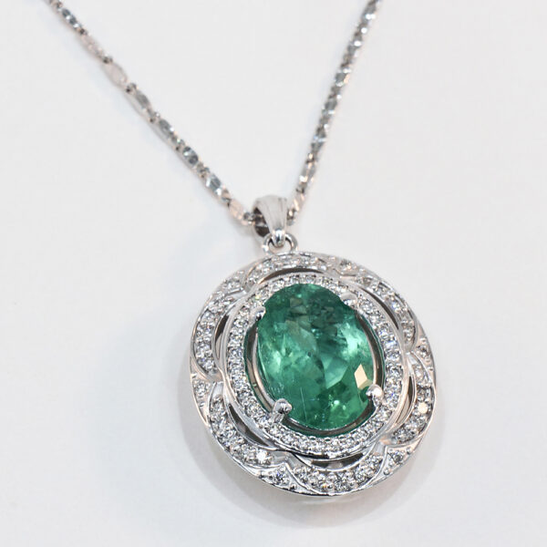 14K White Gold Emerald and Diamond Pendant Shown With White Gold 16" Raindrop Chain
