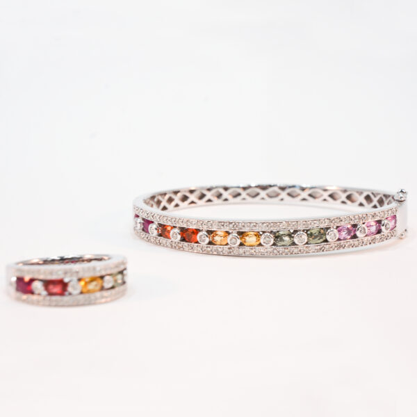 14K White Gold Multi-Color Sapphire and Diamond Bangle