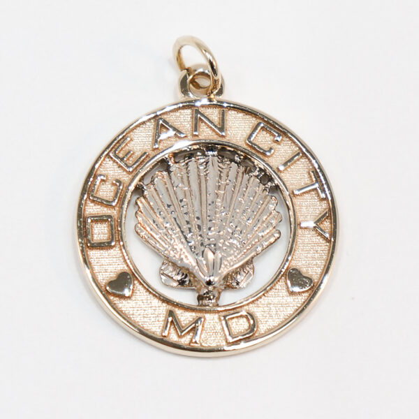 14K Yellow Gold Ocean City MD Pendant with 14K White Gold Scallop Shell