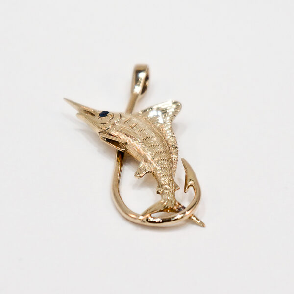 14K Yellow Gold Marlin with a Sapphire Eye on a Fishhook